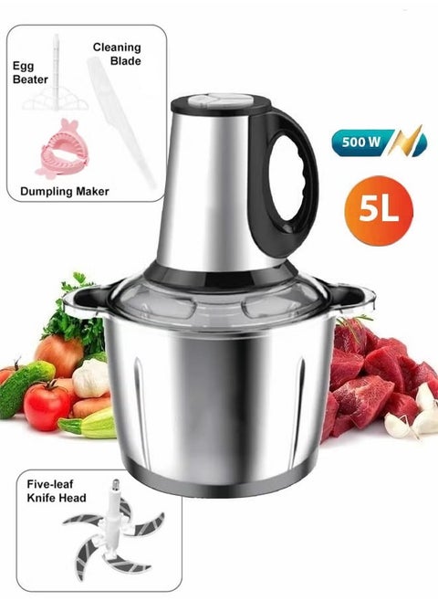 Electric Meat Grinder, 5 Liter, 500 Watt Stainless Steel Electric Food Cutter, Meat, Vegetables, Fruits and Nuts Food Processor, 5 Sharp Blades
