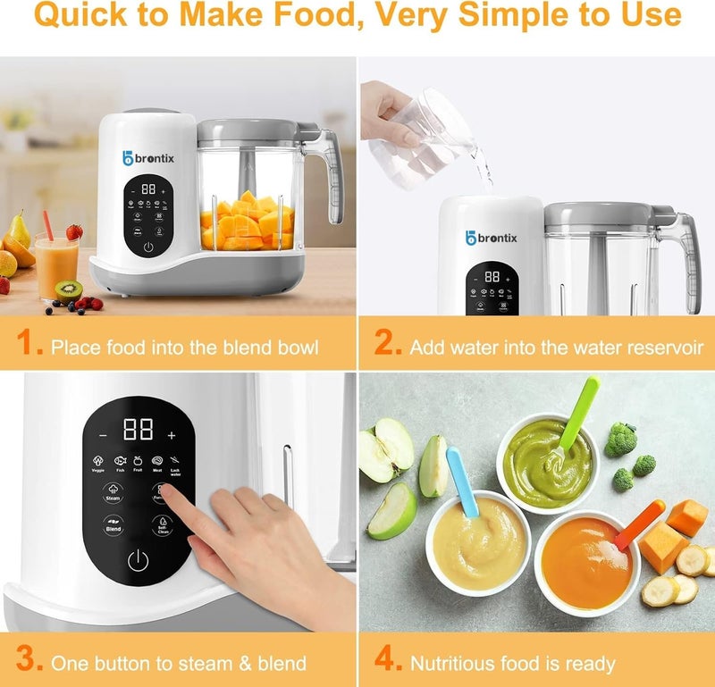 BRONTIX Baby Food Steamer & Processor, Steamer for Baby Food Cooking with Touch Screen Control, Self Clean, Blender for Baby Food Puree, Includes 2 Food Bowls, Spatula & Silicone Spoon (white) - Image 4