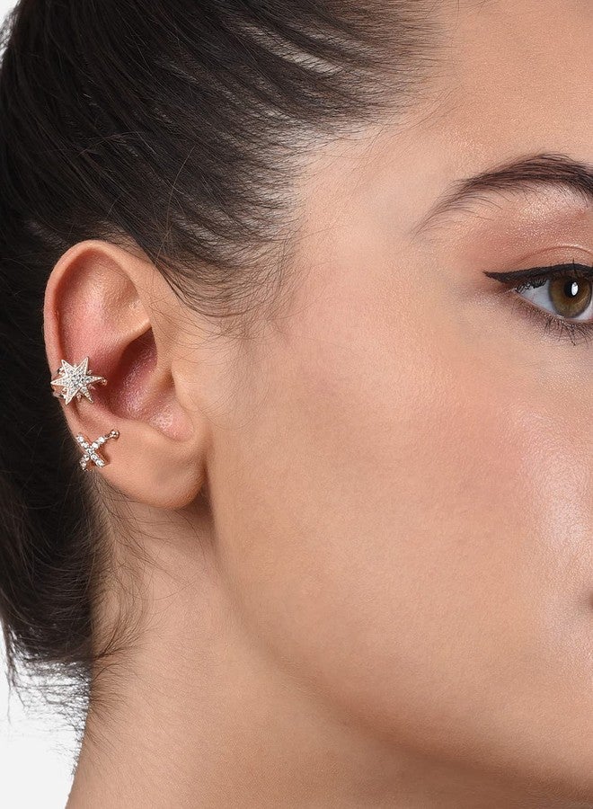 Zaveri Pearls Set of 2 Rose Gold Cubic Zirconia Brass Ear Cuff Earrings For Women-ZPFK15122 - Image 2