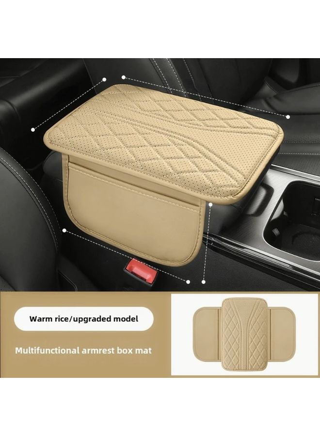 Beige PU Leather Car Armrest Pad with Storage Pockets Comfortable Anti Scratch Elbow Support Quilted Design Secure Fit Armrest Cover - Image 3