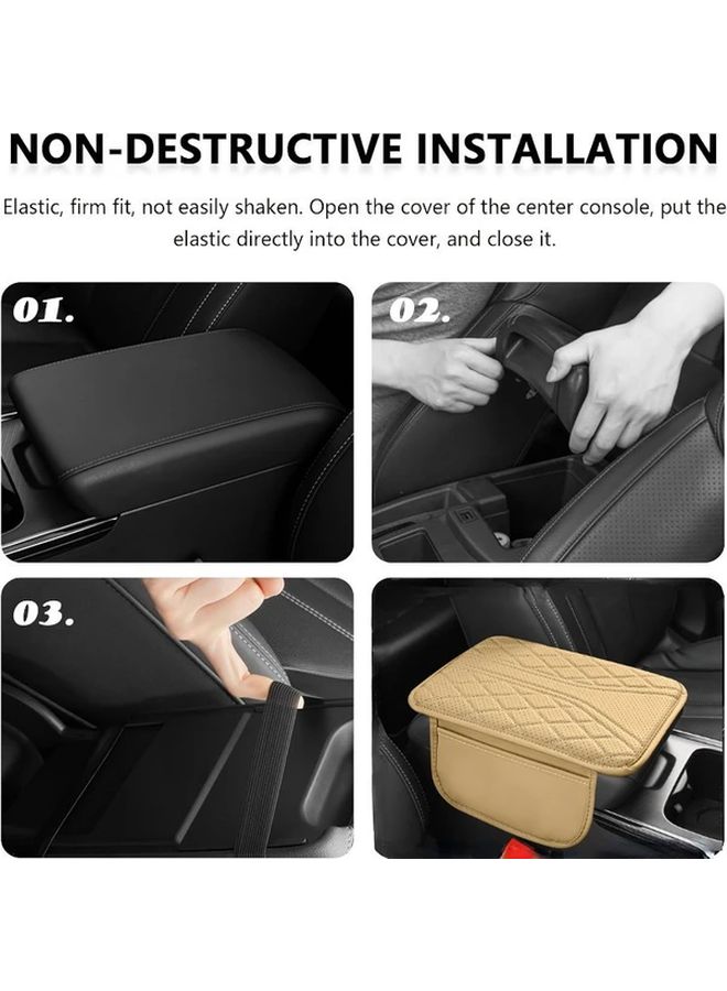 Beige PU Leather Car Armrest Pad with Storage Pockets Comfortable Anti Scratch Elbow Support Quilted Design Secure Fit Armrest Cover - Image 5
