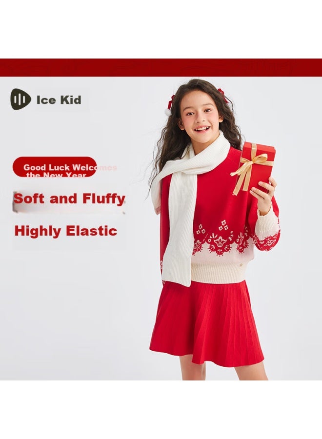 Souhait Girls' New Year Outfit  Spring Festival New Children's Knitted Sweater And Skirt Set Classic Red Size 120 - Image 1