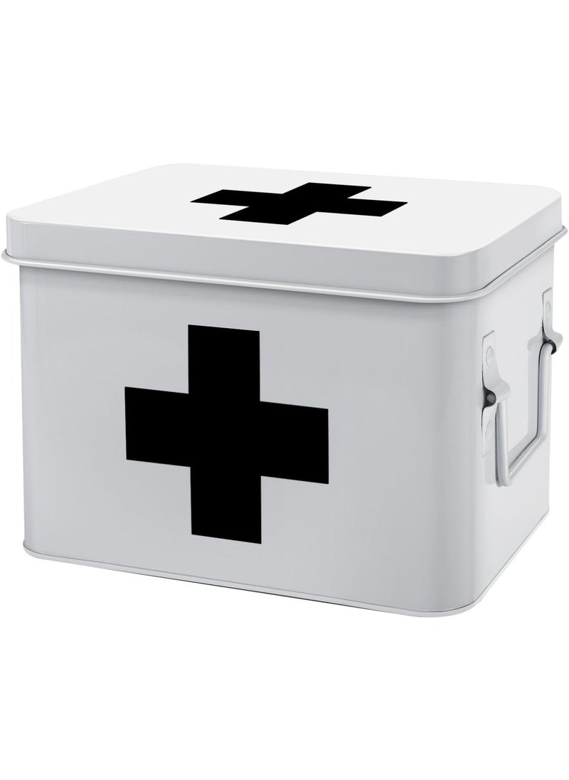 Flexzion Flexzion First Aid Medicine Box Supplies Kit Organizer - Empty 8" White Metal Tin Medic Storage Bin Hard Case with Removable Tray Gold Cross, Vintage Antique Boxes for Home Family Emergency Tool Set 