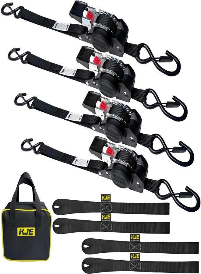 KJE Retractable Ratchet Straps, (4) 1" x 10' Tie Down Strap + (4) Soft Loop - Heavy Duty 1,650lb Max Break Strength, S-Hook with Clip, Self Retracting Ratchet Strap for Motorcycle, Kayak, ATVs, Boats - Image 1