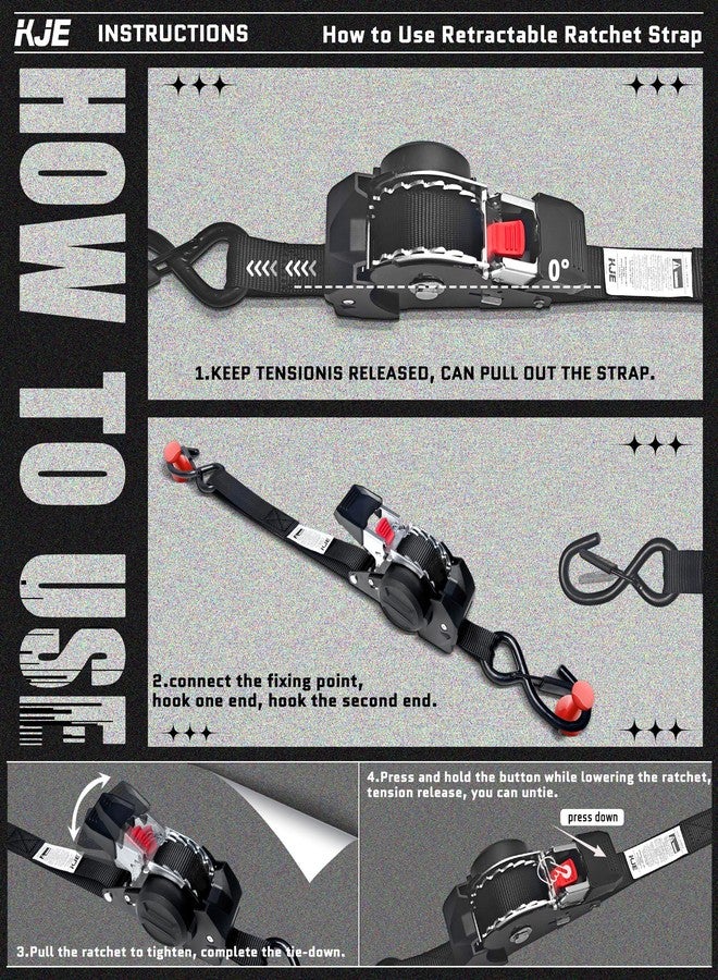 KJE Retractable Ratchet Straps, (4) 1" x 10' Tie Down Strap + (4) Soft Loop - Heavy Duty 1,650lb Max Break Strength, S-Hook with Clip, Self Retracting Ratchet Strap for Motorcycle, Kayak, ATVs, Boats - Image 3