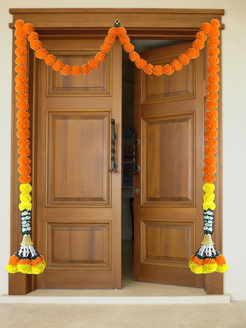Tia Crafts Handmade Decorative Marigold Jasmine Bell Artificial Fluffy Garland for Home Door | Entrance Door and Pooja Decoration (Orange Yellow Bell), 150 cm - Image 2