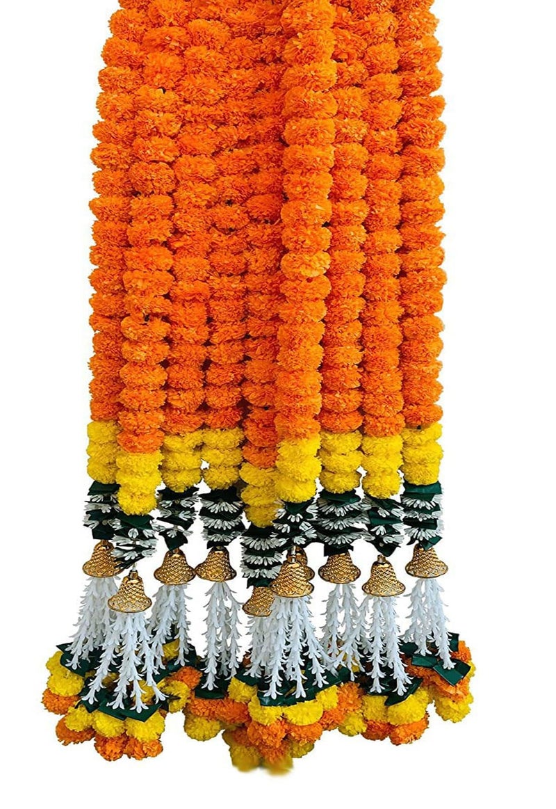 Tia Crafts Handmade Decorative Marigold Jasmine Bell Artificial Fluffy Garland for Home Door | Entrance Door and Pooja Decoration (Orange Yellow Bell), 150 cm - Image 5