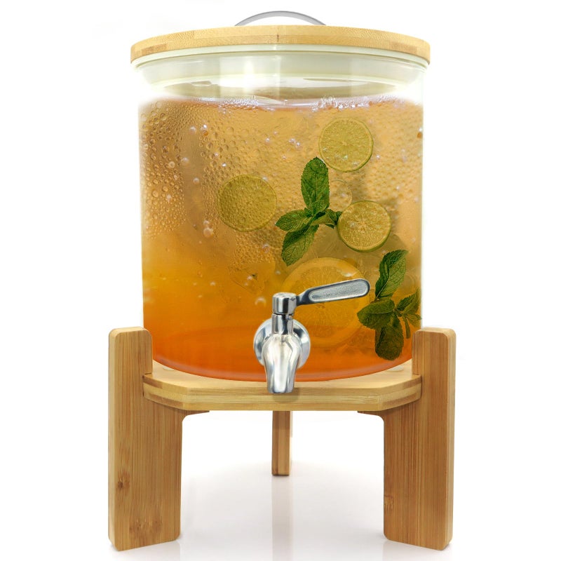 TOCLIU Glass Beverage Dispenser with Stand, 1.5 Gallons Glass Drink Dispenser-Beverage Dispenser with Wood Stand, Stainless Steel Spigot for Parties,Bars,Restaurants - Image 1