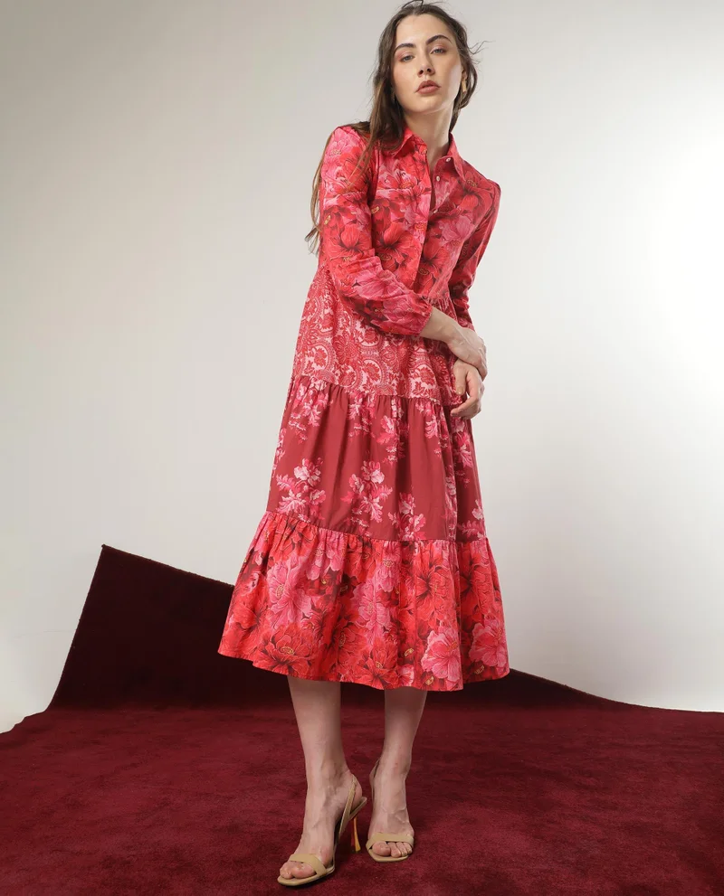 Rareism Women's Floral Print Collared Dress With Tie-Up Detail