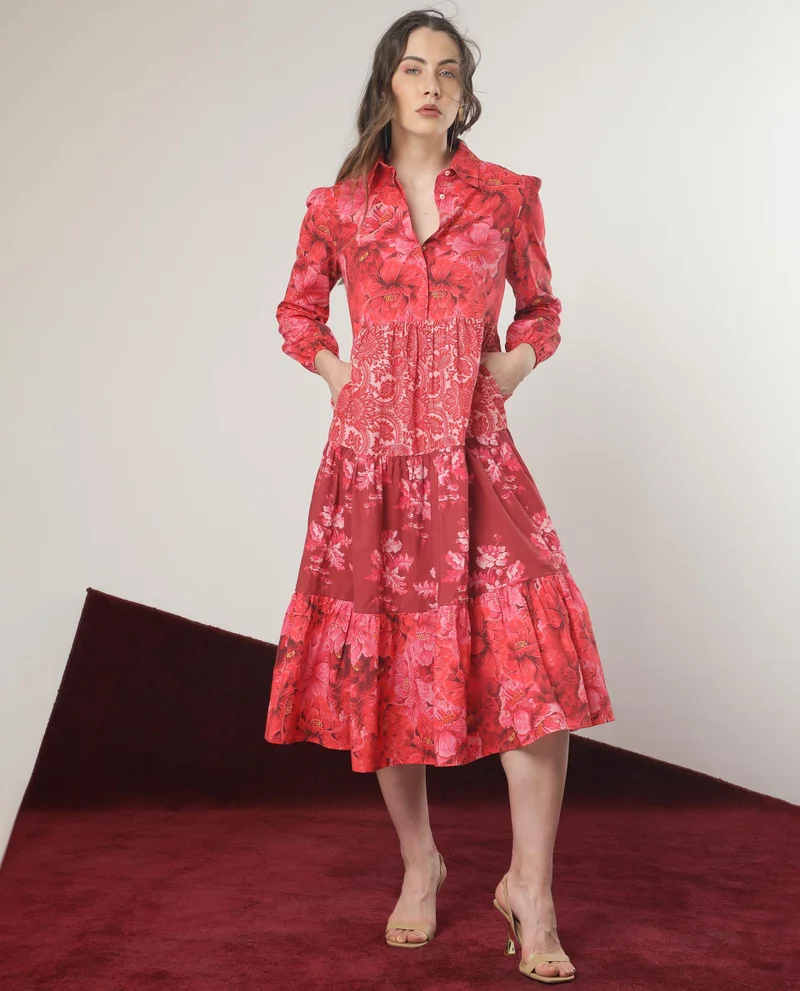 Rareism Women's Floral Print Collared Dress With Tie-Up Detail