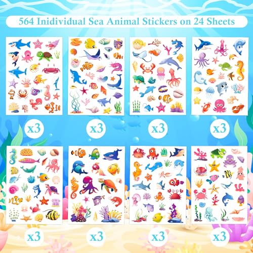 Ozepao 24 Sheets Ocean Stickers for Kids, 564 Pcs Under The Sea Animal Waterproof Stickers Decorations Ideal for Water Bottles Party Favors Supplies Crafts Decor - Image 2