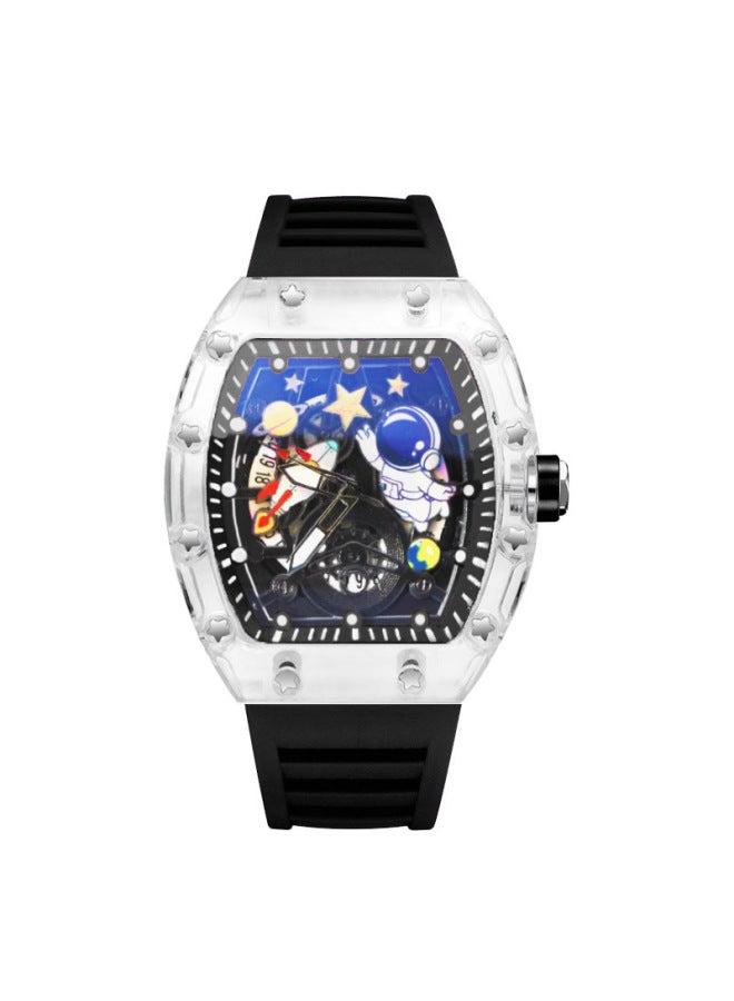 Men's Black Strap Casual Sports Waterproof Quartz Watch, Hollow Dial with Astronaut Pattern