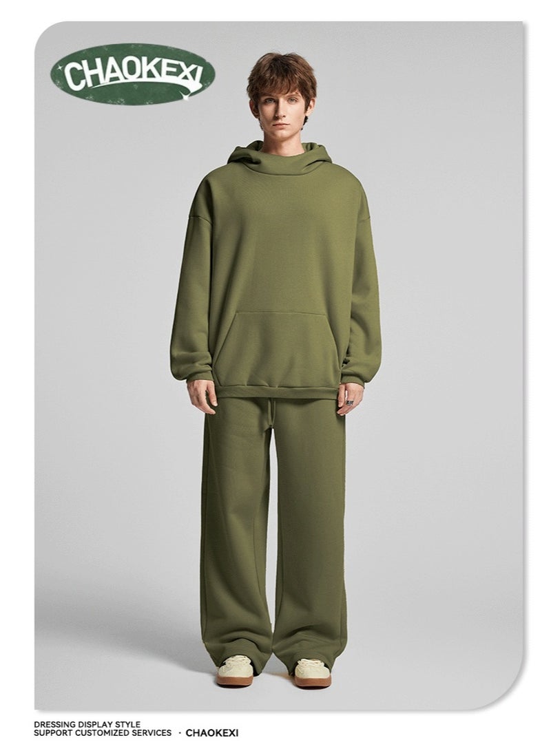 CHAOKEXI American Retro Men's Fleece-Lined Hoodie Set, Autumn/Winter Street Style Loose-Fitting Hoodie Two-Piece Set, Sporty Casual High-Neck Warmth (AEGIS GREEN) - Image 1