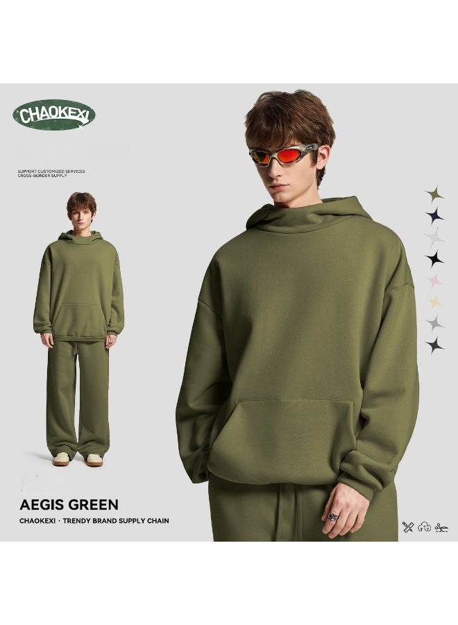 CHAOKEXI American Retro Men's Fleece-Lined Hoodie Set, Autumn/Winter Street Style Loose-Fitting Hoodie Two-Piece Set, Sporty Casual High-Neck Warmth (AEGIS GREEN) - Image 2