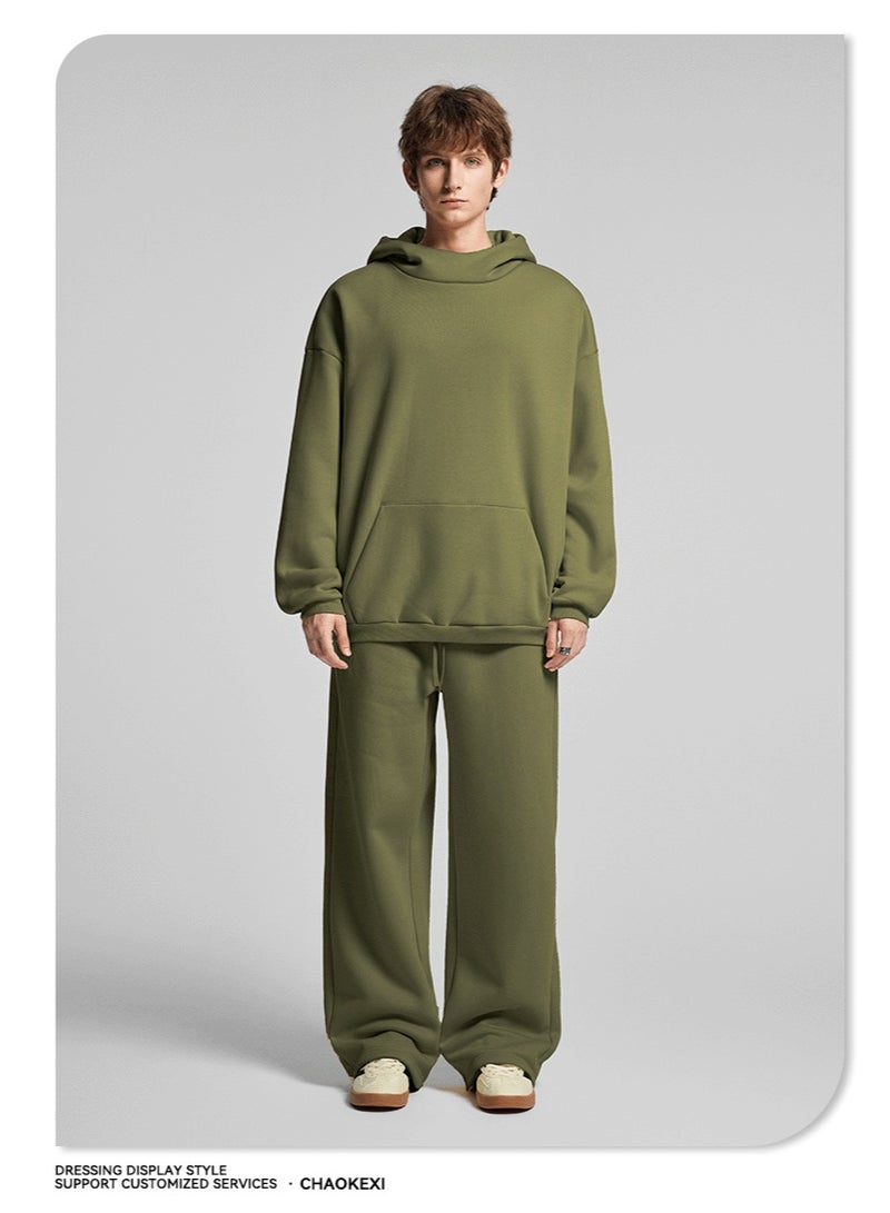 CHAOKEXI American Retro Men's Fleece-Lined Hoodie Set, Autumn/Winter Street Style Loose-Fitting Hoodie Two-Piece Set, Sporty Casual High-Neck Warmth (AEGIS GREEN) - Image 4