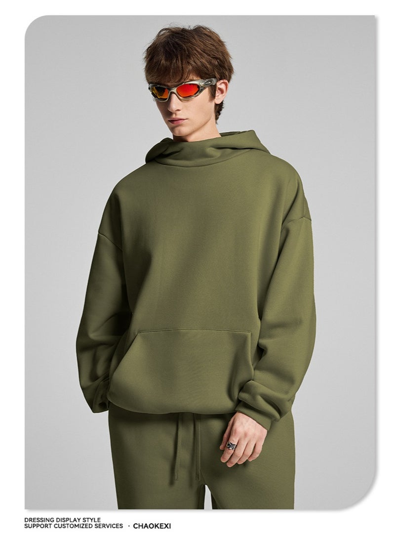 CHAOKEXI American Retro Men's Fleece-Lined Hoodie Set, Autumn/Winter Street Style Loose-Fitting Hoodie Two-Piece Set, Sporty Casual High-Neck Warmth (AEGIS GREEN) - Image 5