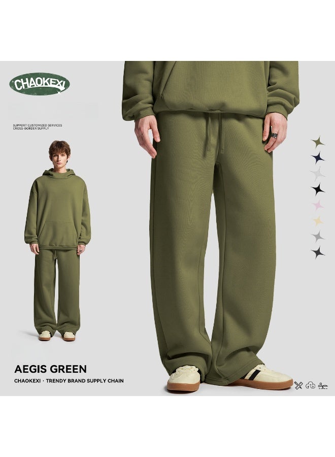 CHAOKEXI American Retro Men's Fleece-Lined Hoodie Set, Autumn/Winter Street Style Loose-Fitting Hoodie Two-Piece Set, Sporty Casual High-Neck Warmth (AEGIS GREEN) - Image 3