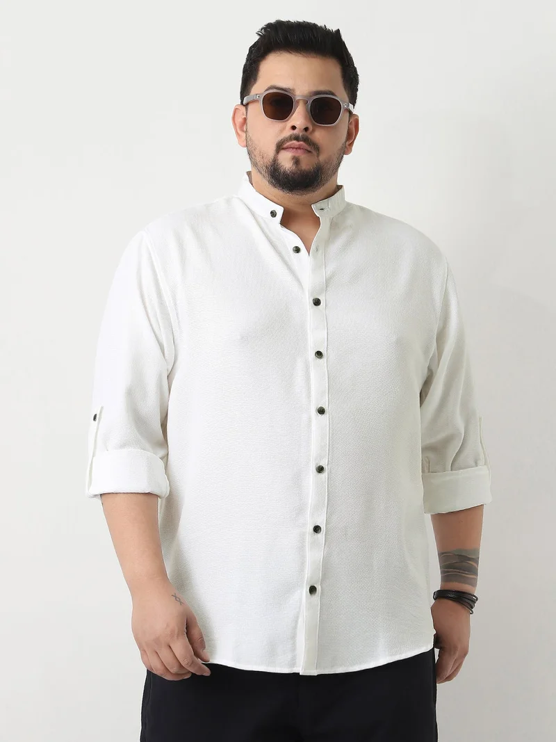 أوربانو فاشن Urbano Plus Men's White Linen Blend Full Sleeve Relaxed Fit Mandarin Collar Casual Solid Shirt