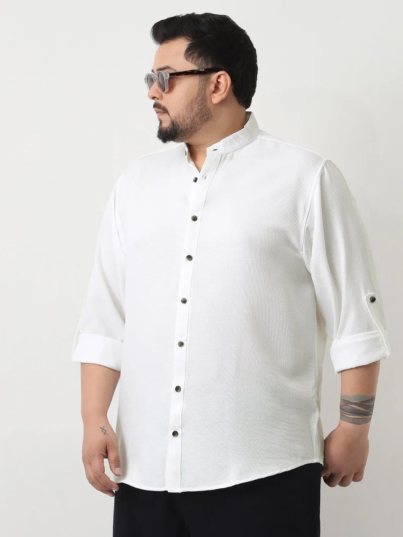 أوربانو فاشن Urbano Plus Men's White Linen Blend Full Sleeve Relaxed Fit Mandarin Collar Casual Solid Shirt