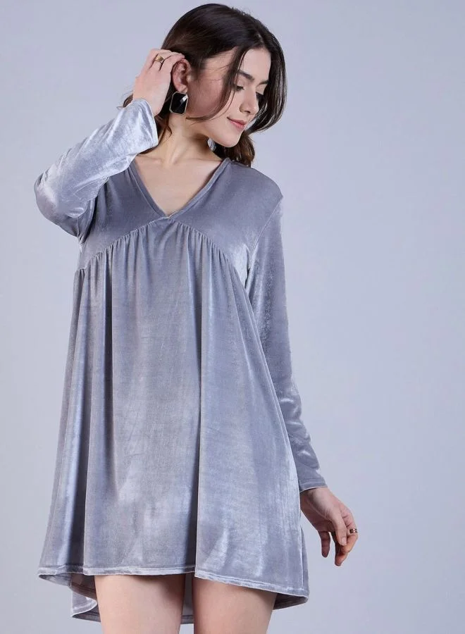 Freehand Women Fit and Flared Solid V-Neck Long Sleeve Mini Dress