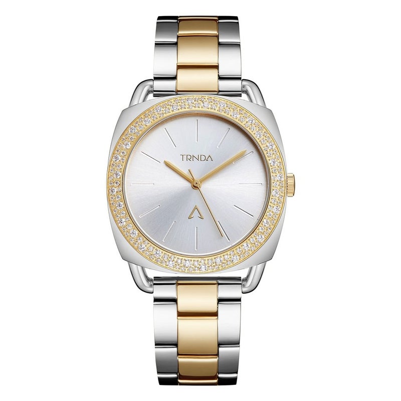 ترندا ساعة نسائية من TRNDA بإطار من الفولاذ المقاوم للصدأ الفضي وسوار من الفولاذ المقاوم للصدأ الفضي والذهبي. - Image 1