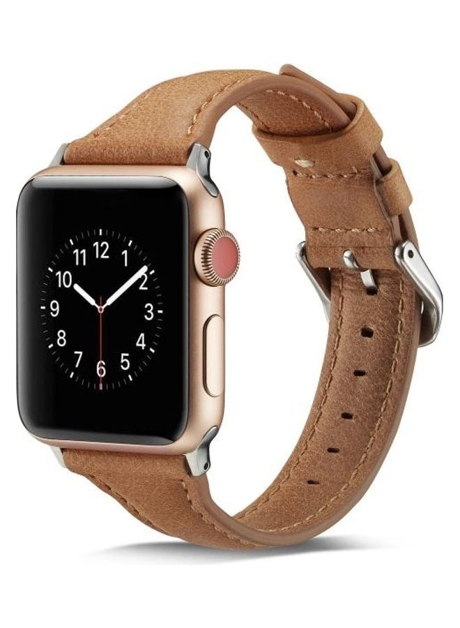NIBEMINENT Thin Leather Replacement Wrist Strap Watchband for Apple Wacth 5/4/3/2/1 42-44mm Brown - Image 1