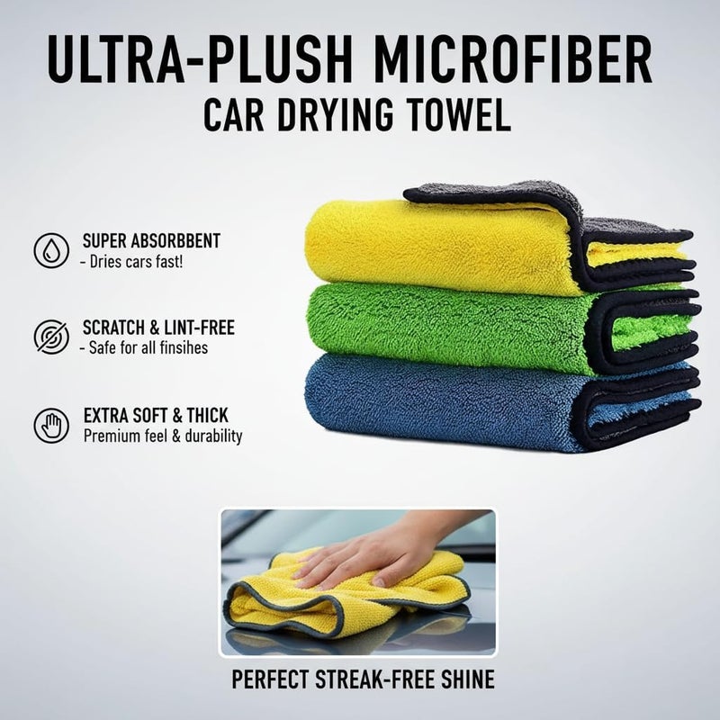 Sulfar Car Drying Towel, Free Microfiber Cleaning Cloth,Premium Professional Soft Microfiber Towel,Super Absorbent Detailing Towel for Car/Windows/Screen/Kitchen,40x30cm (Pack of 3) - Image 4