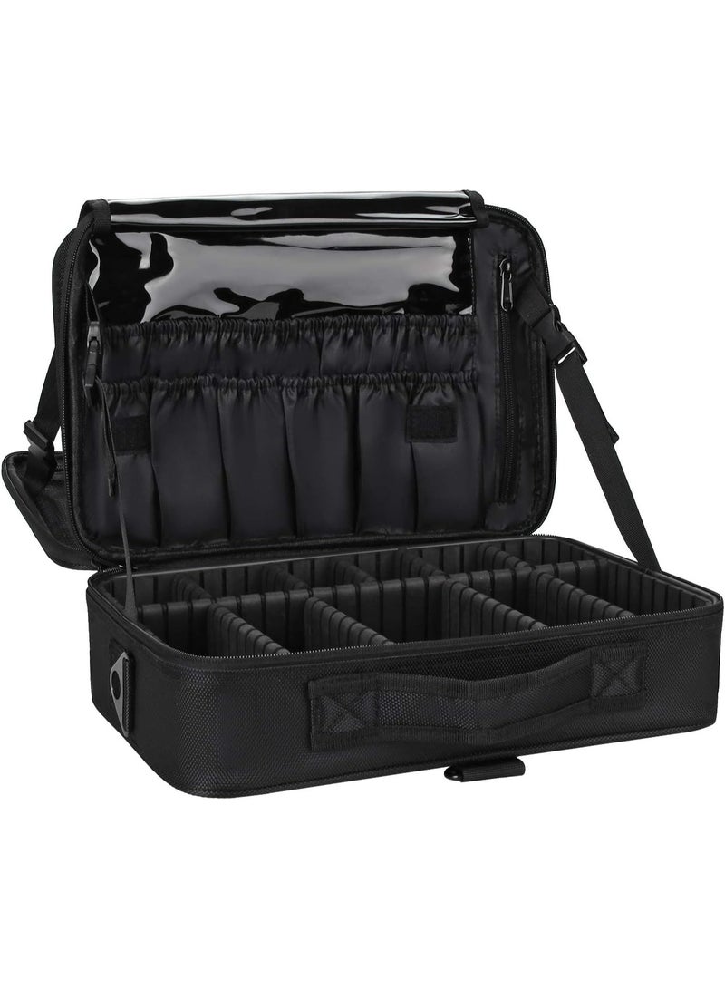 Travel Makeup Case, Cosmetic Organizer Bag Makeup Train Case With Compartment Makeup Bursh Set Storage Bag (Black)