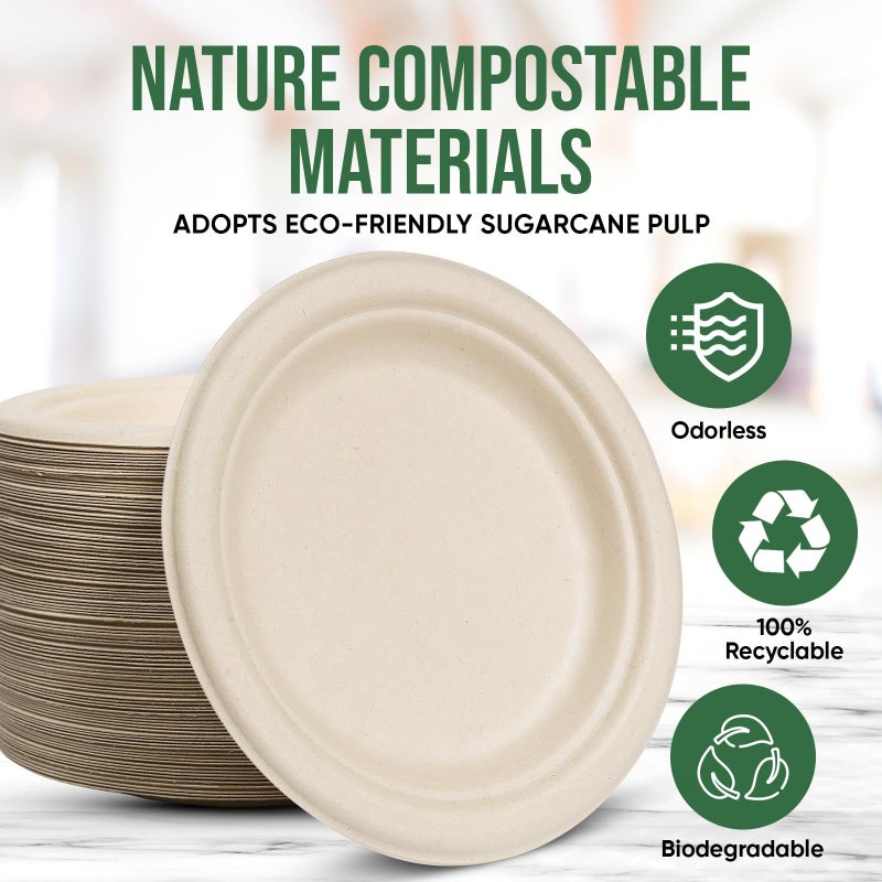 TaidMiao 7 Inch Paper Plates 100 Pack - 100% Compostable Disposable Plates  Heavy Duty Dessert Plates  Biodegradable Sugarcane Plates for Party (Microwavable  Oil/Water Proof  Eco-Friendly  Brown) - Image 4