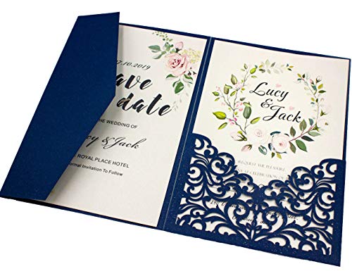 Lucky Star 25pcs 5"x 7.28" Navy blue Pearl Paper Vine Tri Fold Wedding Invitations Cards Laser Cut Vertico pocket Hollow Carving Greeting invites Covers only no envelope no insert (navy blue covers only) - Image 2