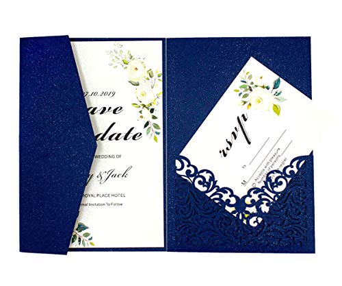 Lucky Star 25pcs 5"x 7.28" Navy blue Pearl Paper Vine Tri Fold Wedding Invitations Cards Laser Cut Vertico pocket Hollow Carving Greeting invites Covers only no envelope no insert (navy blue covers only) - Image 3