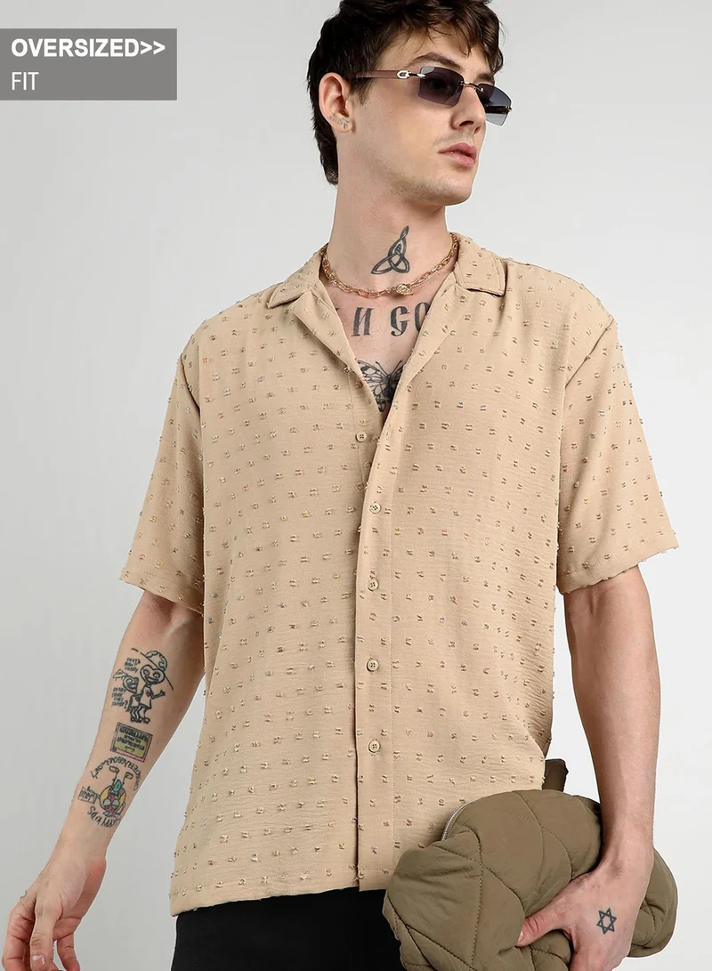 Campus Sutra Men's Beige Oversized Pom-Pom Shirt