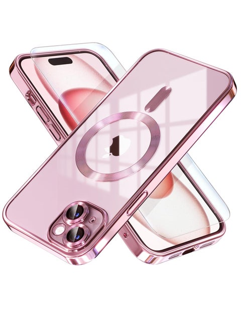 Case for iPhone 13 /14 MagSafe with Camera Lens Protector,Magnetic Clear Case Full Protection Plating Anti-Scratch Slim Thin Case Cover - Rose Gold