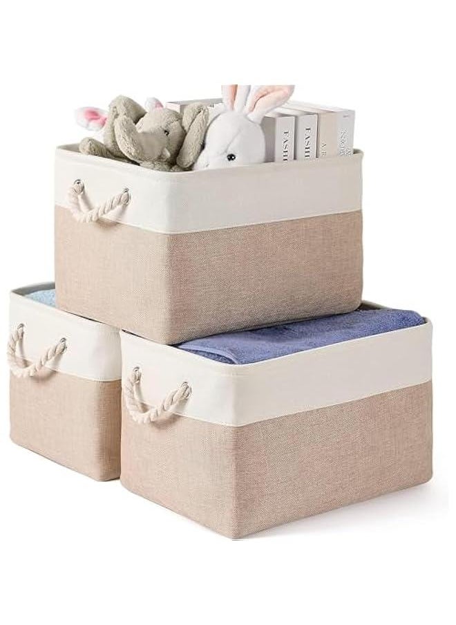 TRASSLE 3 Pack Rectangular Collapsible Baskets with Handles, Fabric Storage Baskets for Shelves,Canvas Storage Baskets for Closet, for Toys,Books,Gifts (White&Khaki)  - Image 1