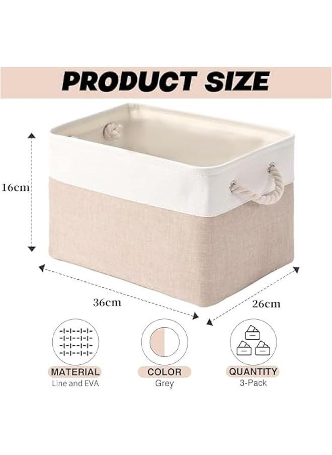 TRASSLE 3 Pack Rectangular Collapsible Baskets with Handles, Fabric Storage Baskets for Shelves,Canvas Storage Baskets for Closet, for Toys,Books,Gifts (White&Khaki)  - Image 2