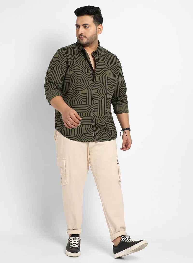 Instafab Plus Instafab Plus Men's Army Green & Black Contrast Lines Shirt For Casual Wear | Spread Collar | Long Sleeve | Button Closure | Heavy Rayon Shirt Crafted With Comfort Fit For Everyday Wear