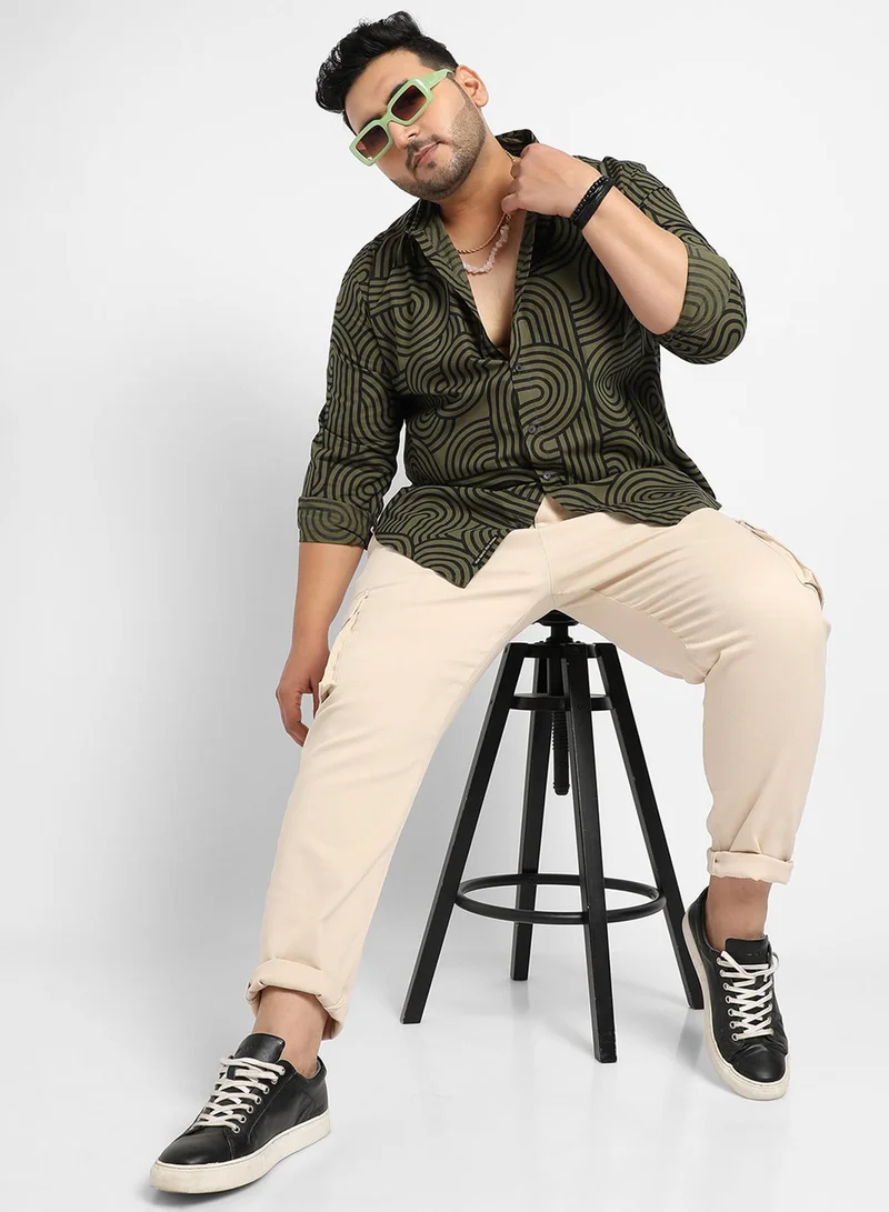Instafab Plus Instafab Plus Men's Army Green & Black Contrast Lines Shirt For Casual Wear | Spread Collar | Long Sleeve | Button Closure | Heavy Rayon Shirt Crafted With Comfort Fit For Everyday Wear
