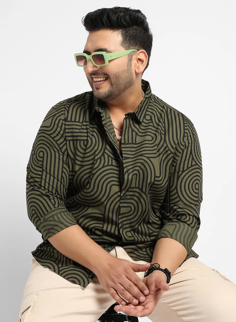 Instafab Plus Instafab Plus Men's Army Green & Black Contrast Lines Shirt For Casual Wear | Spread Collar | Long Sleeve | Button Closure | Heavy Rayon Shirt Crafted With Comfort Fit For Everyday Wear