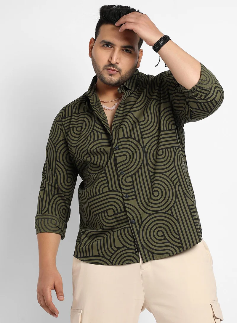 Instafab Plus Instafab Plus Men's Army Green & Black Contrast Lines Shirt For Casual Wear | Spread Collar | Long Sleeve | Button Closure | Heavy Rayon Shirt Crafted With Comfort Fit For Everyday Wear