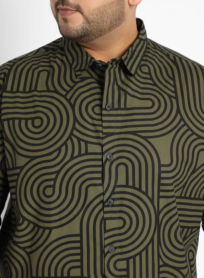 Instafab Plus Instafab Plus Men's Army Green & Black Contrast Lines Shirt For Casual Wear | Spread Collar | Long Sleeve | Button Closure | Heavy Rayon Shirt Crafted With Comfort Fit For Everyday Wear