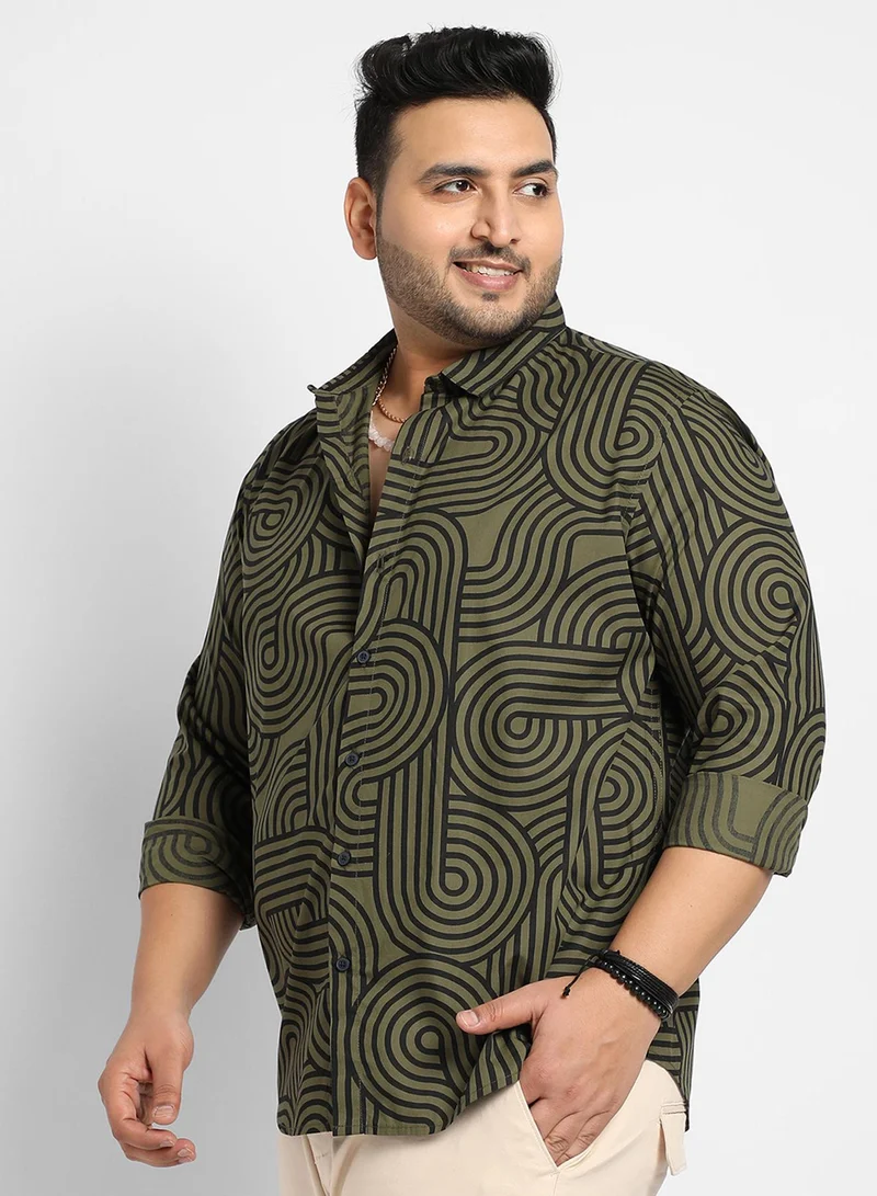 Instafab Plus Instafab Plus Men's Army Green & Black Contrast Lines Shirt For Casual Wear | Spread Collar | Long Sleeve | Button Closure | Heavy Rayon Shirt Crafted With Comfort Fit For Everyday Wear