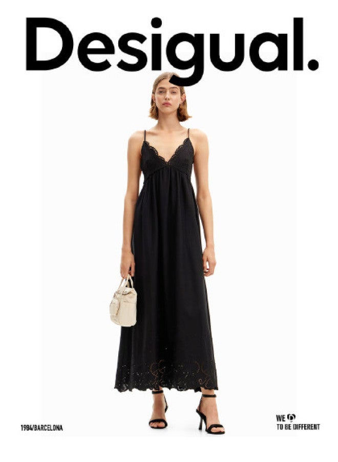 DESIGUAL فستان سليب أسود بلا أكمام من الدانتيل - Image 1