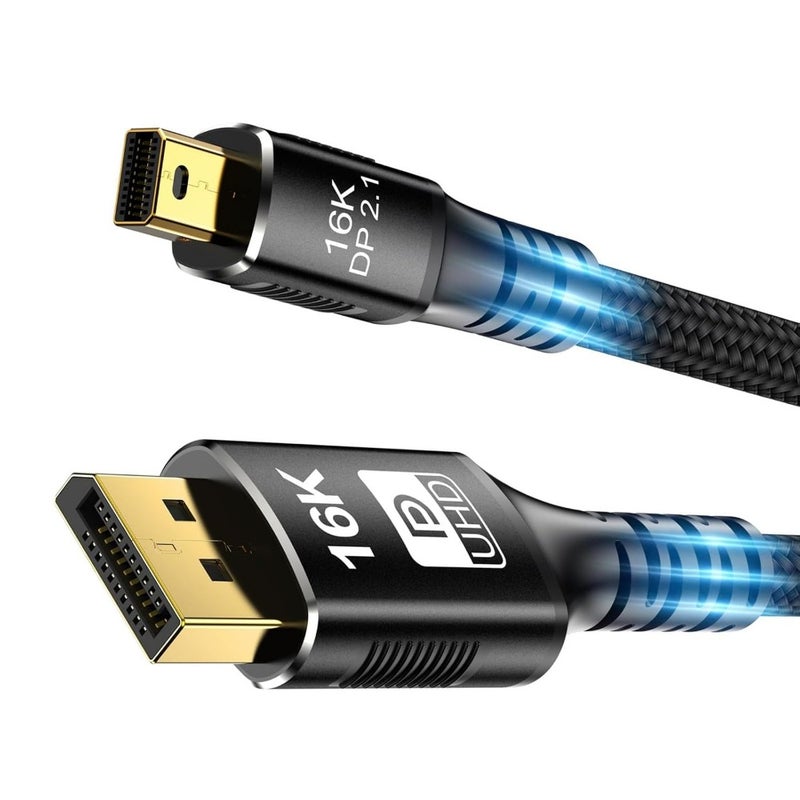 كابل 1 قطعة من نوع Mini DisplayPort إلى DisplayPort 2.1 بسرعة 6.6 فت، يدعم تدفق البيانات ثنائي الاتجاه بسرعة 80 جيجابت/ثانية، ويشمل دعم 16 كيلو بايت في كل ثانية عند 60 هرتز / 8 كيلو بايت في كل ثانية عند 120 هرتز / 4 كيلو بايت في كل ثانية عند 240 هرتز، وتصميم مقاوم للخدش مصمم خصيصًا للاستخدام في أجهزة الكمبيوتر المحمولة الخاصة بالألعاب، والعمل المنزلي، والسفر - Image 1
