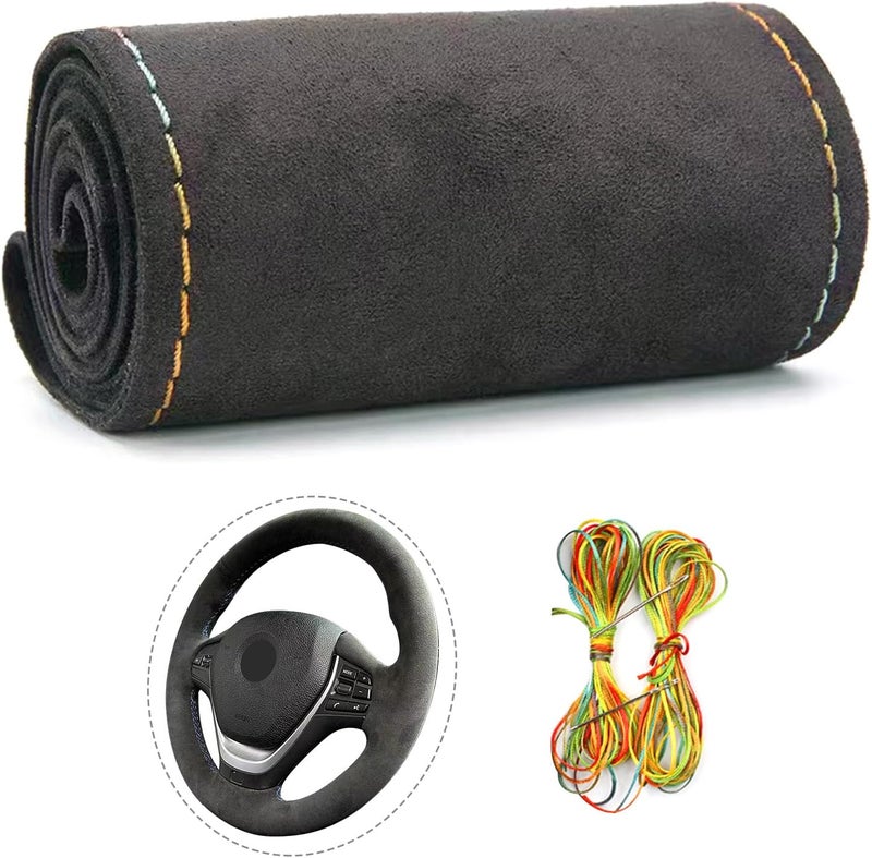 Qiyibei Suede Leather Steering Wheel Cover - DIY Stitch-On Wrap with Needle & Thread (Multiple Thread Colors), Breathable Cowhide, Non-Slip Grip, Fits 17-18 Inch, Comfortable & Durable for Year-Round Use - Image 1