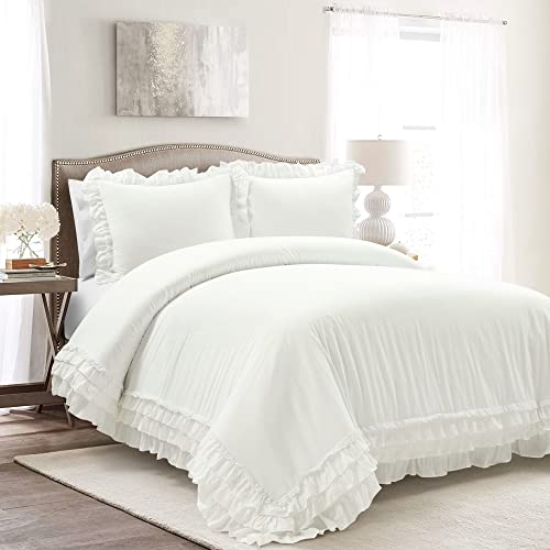 Lush Decor Ella Ruffle Lace 100 Cotton Duvet Cover 3 Piece Set FullQueen White Cute Comforter Queen Bedding Set White Bedding Full Size Coquette Decor Neutral Lace Trim Ruffle Trim - Image 1