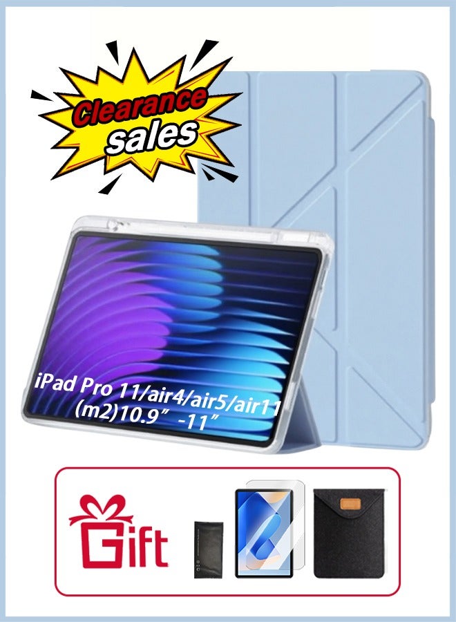 حافظة iPad Air مقاس 11 بوصة (M2) وغطاء iPad Pro مقاس 11 بوصة (الجيل الأول/الثاني/الثالث/الرابع)، غطاء iPad مع فتحة للقلم، حامل قابل للطي على شكل حرف Y مقاوم للصدمات، حافظة شفافة واقية من مادة TPU، حامل قابل للطي مع خاصية الاستيقاظ الذكي/ مجانًا 23 درهمًا إماراتيًا، غشاء واقٍ مضاد للتوهج - أزرق - Image 1