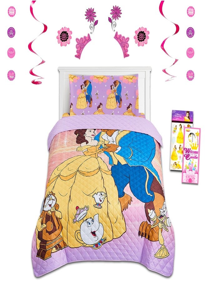 Disney Beauty and The Beast Bedding Twin Bed Set for Girls - Bundle with Belle Bed Sheets with Flat Sheet, Fitted Sheet, Pillowcase, Quilted Bedspread Plus Stickers, More | Beauty and The Beast Sheets Twin - Image 1