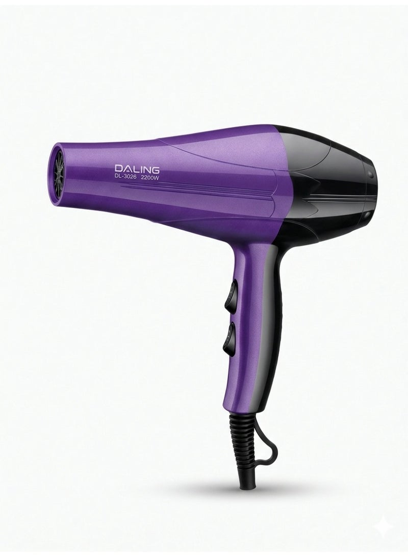 Daling English: DALING Professional Hair Dryer DL-3026, 2200W - Intelligent Heat Control, Fast Drying & Ergonomic Design - Purple. - Image 1