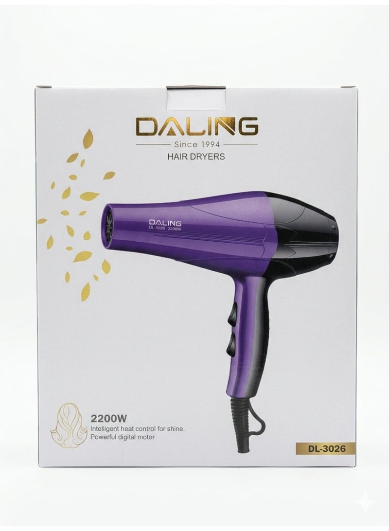 Daling English: DALING Professional Hair Dryer DL-3026, 2200W - Intelligent Heat Control, Fast Drying & Ergonomic Design - Purple. - Image 3