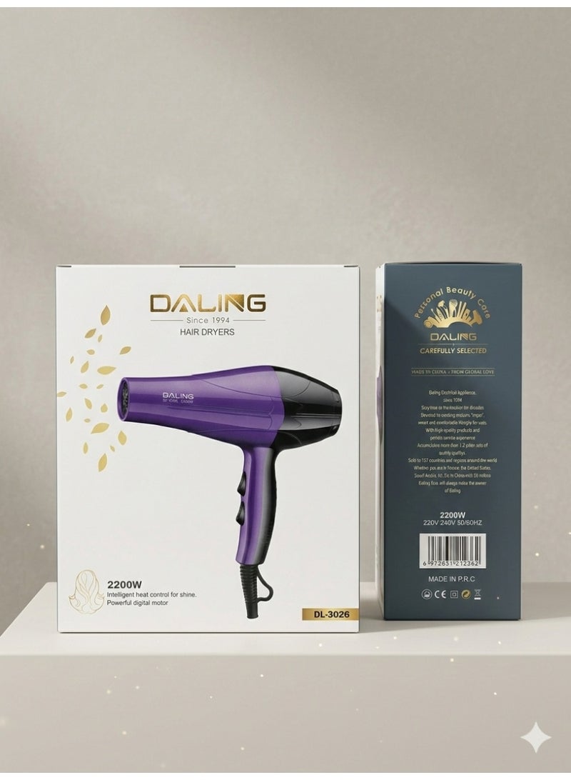 Daling English: DALING Professional Hair Dryer DL-3026, 2200W - Intelligent Heat Control, Fast Drying & Ergonomic Design - Purple. - Image 4